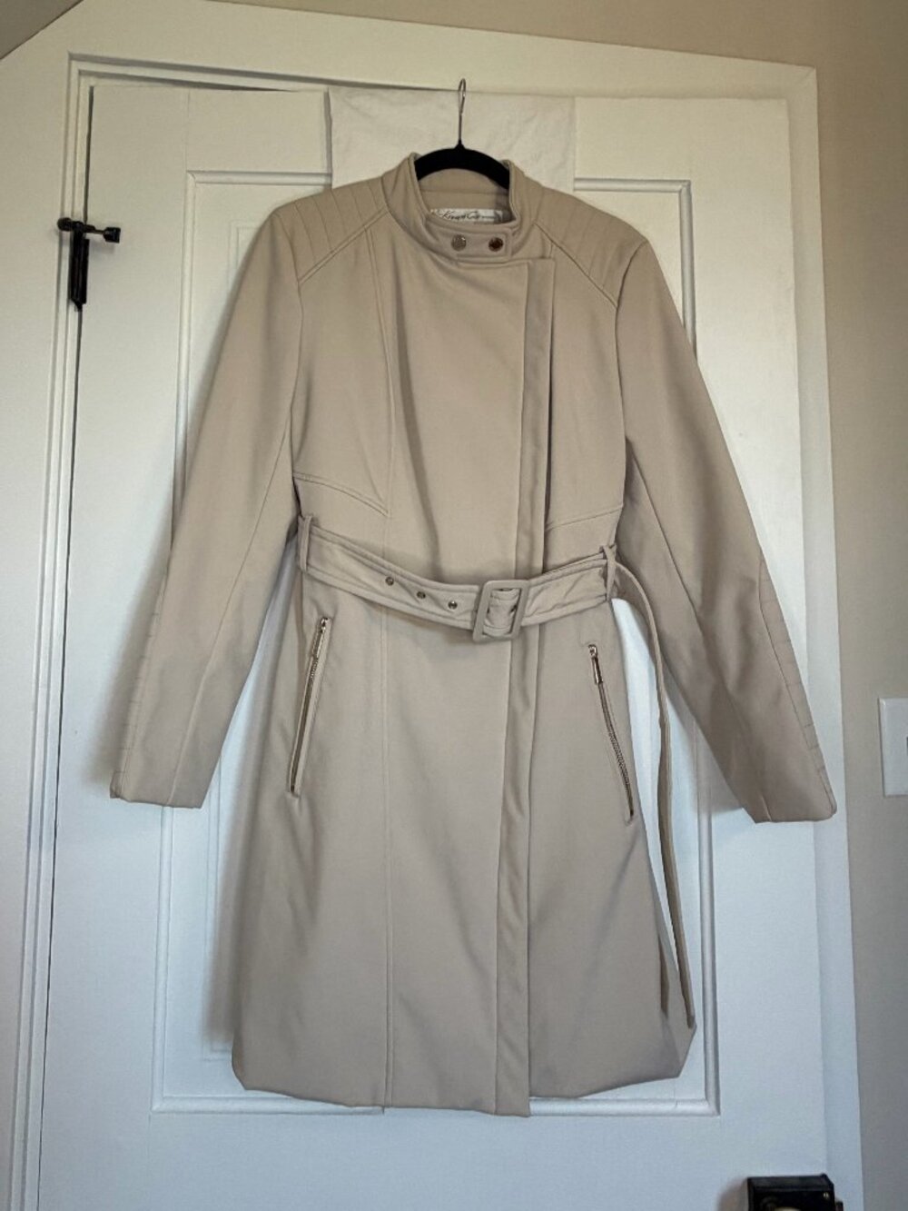 Kenneth Cole New York Women's Medium Beige Belted Moto Style Coat